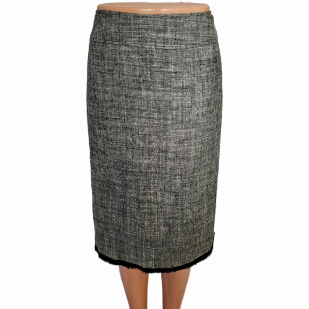 Vintage 90s Jon 100% Linen Fishtail Trumpet Skirt Black & White Tweed - Size 6